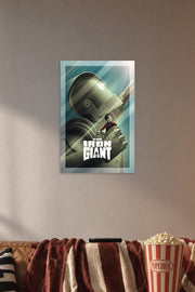 The Iron Giant Movie Poster in a cozy movie room above a brown sofa with popcorn.
