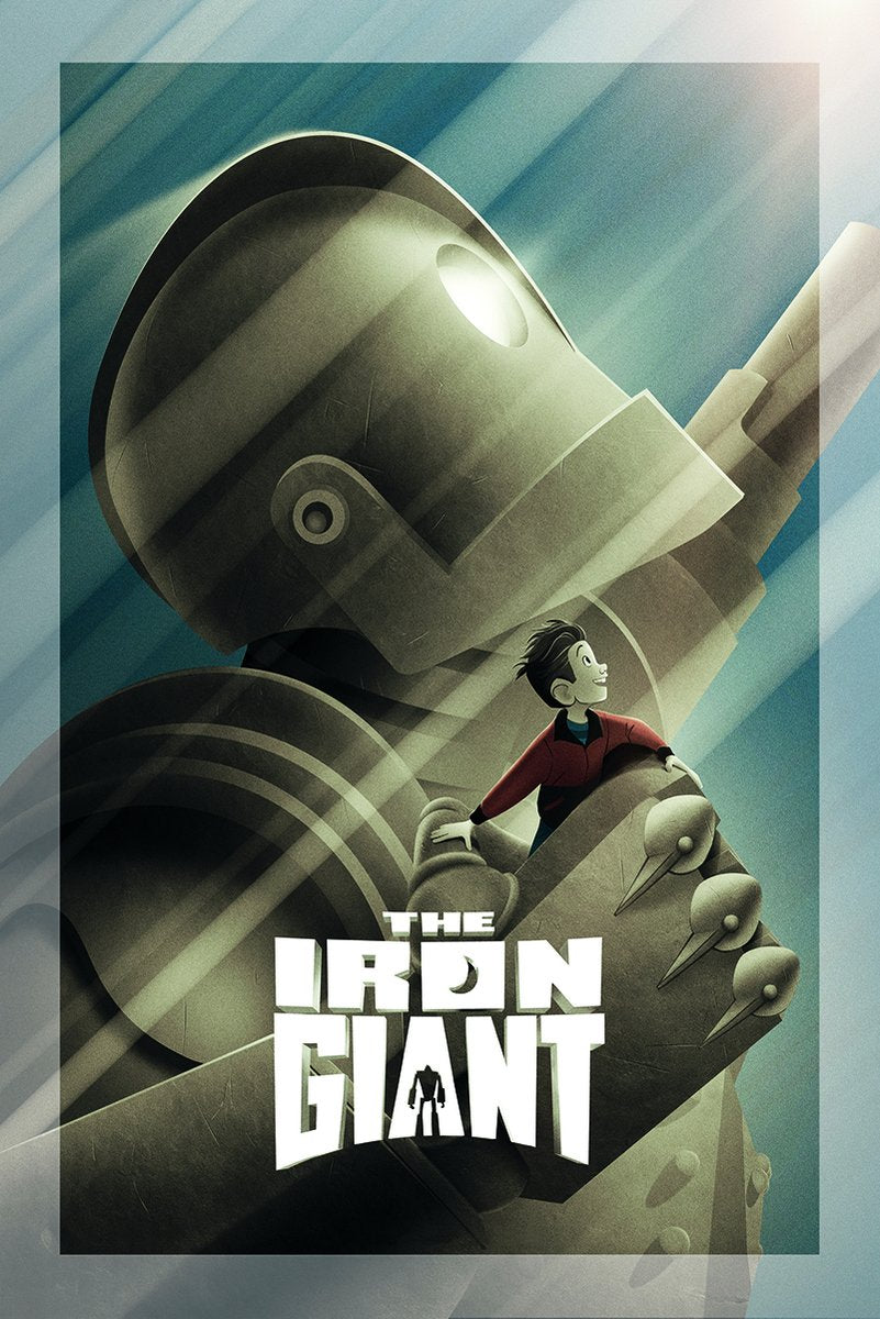 The Iron Giant poster depicts the towering gray robot cradling a boy in red against a teal sky with diagonal light rays.