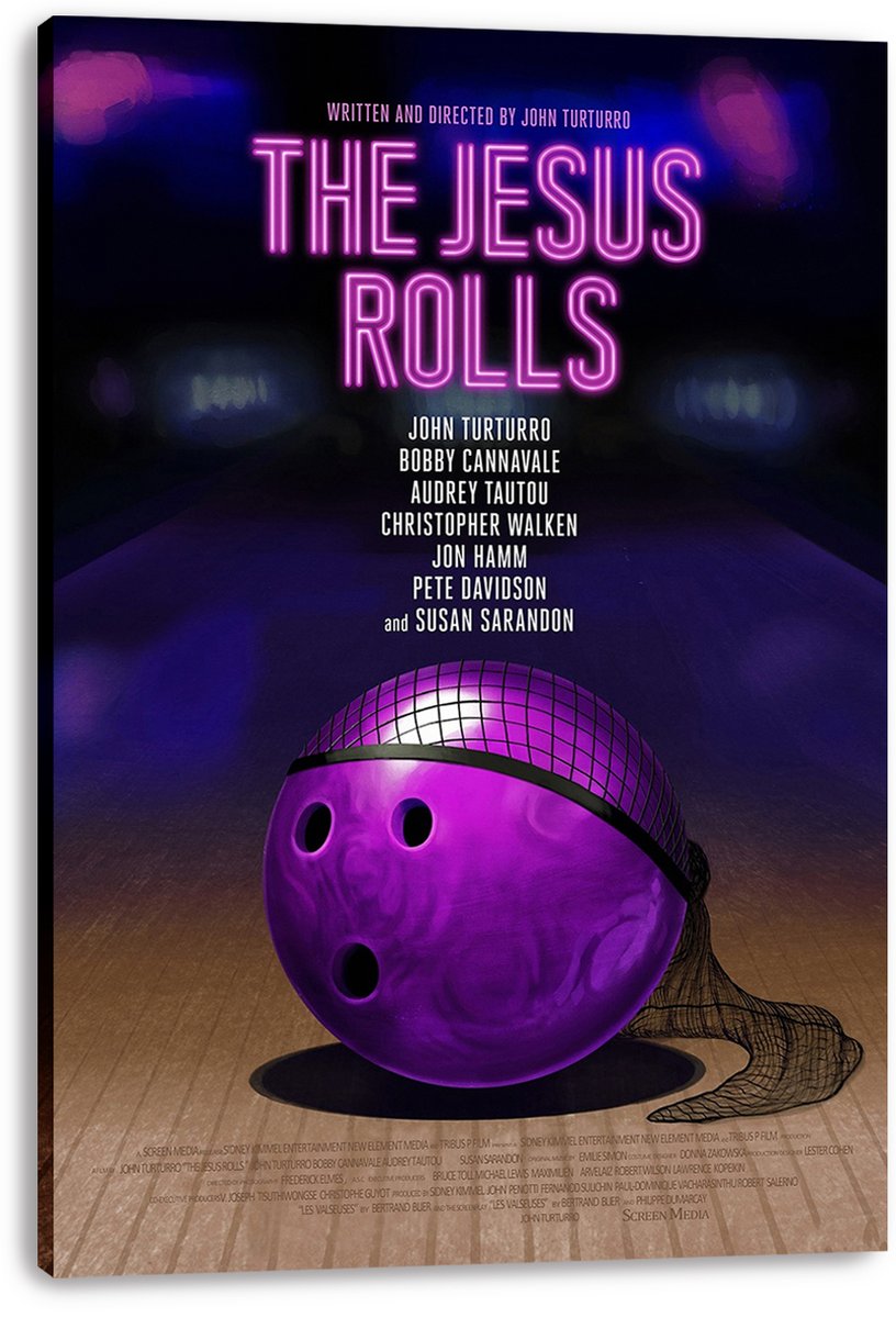 The Jesus Rolls canvas wall art print featuring a purple bowling ball, netted headscarf, bowling lane, and glowing pink lettering.