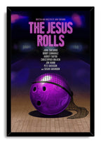 The Jesus Rolls framed wall art print with a black border, neon title text, and purple bowling ball on a dim bowling lane.