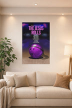 The Jesus Rolls Movie Poster in a bright living room above a beige sofa.