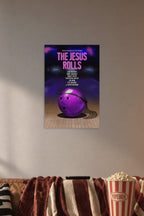 The Jesus Rolls Movie Poster in a cozy movie room above a brown sofa with popcorn.