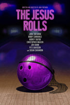 The Jesus Rolls movie poster wall art print with neon pink title above a purple bowling ball in a netted headscarf.