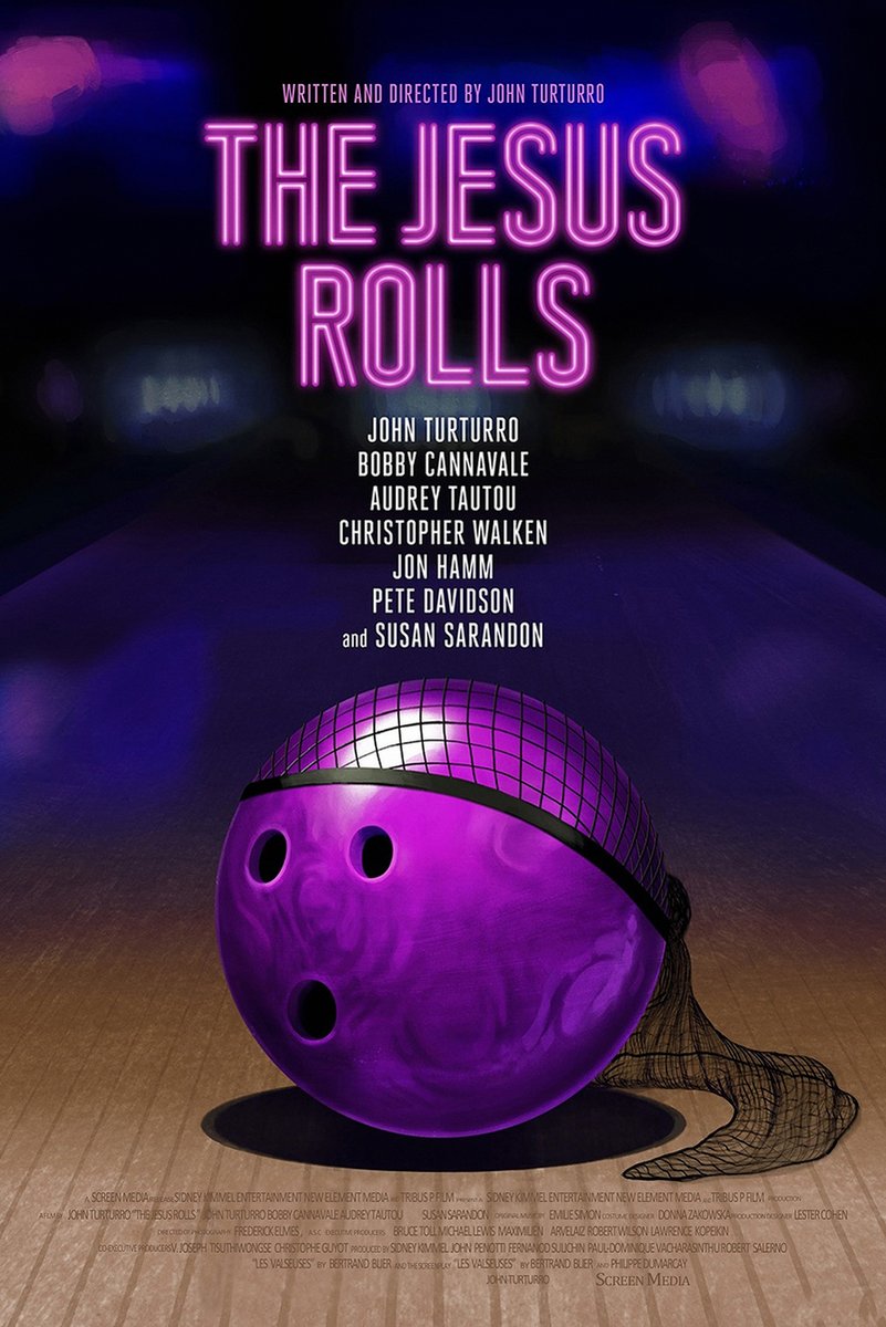 The Jesus Rolls movie poster wall art print with neon pink title above a purple bowling ball in a netted headscarf.