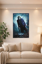 The Joker Dark Knight Movie in a bright living room above a beige sofa.