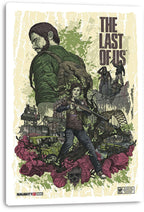 The Last of Us canvas wall art print displays Joel and Ellie in a distressed green, cream, and magenta post-apocalyptic collage.