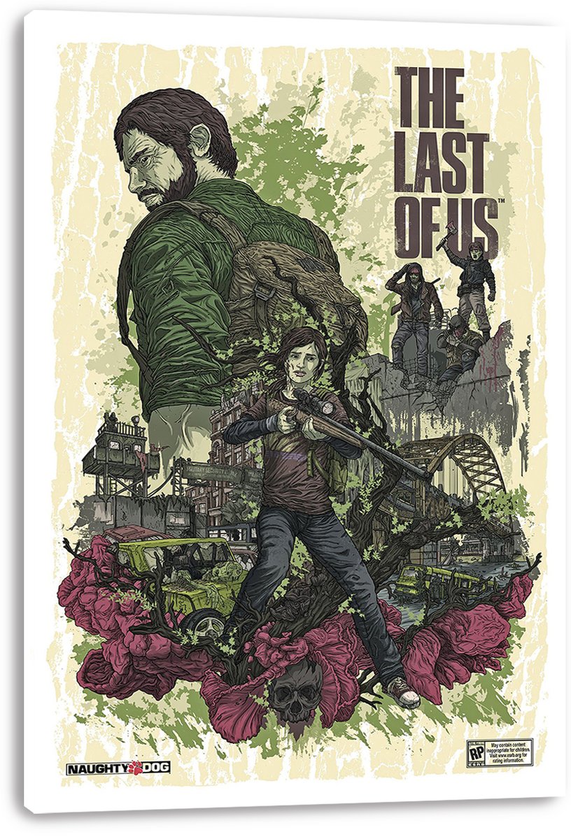 The Last of Us canvas wall art print displays Joel and Ellie in a distressed green, cream, and magenta post-apocalyptic collage.
