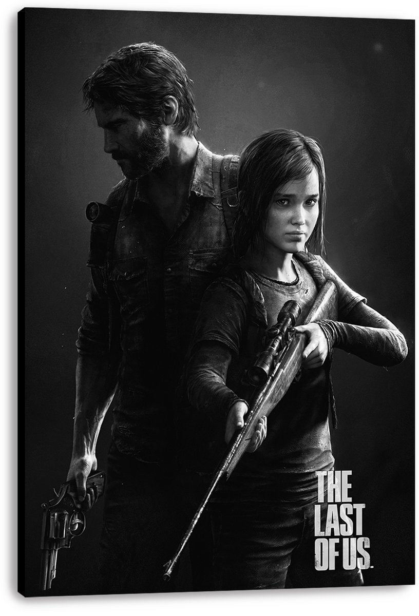 The Last of Us canvas wall art print featuring Joel and Ellie in black and white, with Ellie holding a scoped rifle.