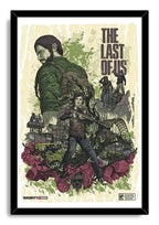 The Last of Us framed wall art print portrays Joel, Ellie holding a rifle, ruined city ruins, flowers, and bold title lettering.