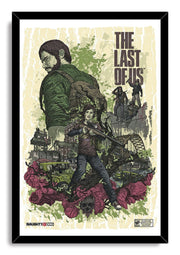 The Last of Us framed wall art print portrays Joel, Ellie holding a rifle, ruined city ruins, flowers, and bold title lettering.