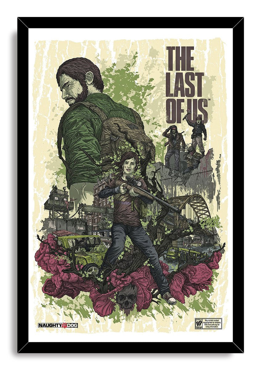 The Last of Us framed wall art print portrays Joel, Ellie holding a rifle, ruined city ruins, flowers, and bold title lettering.