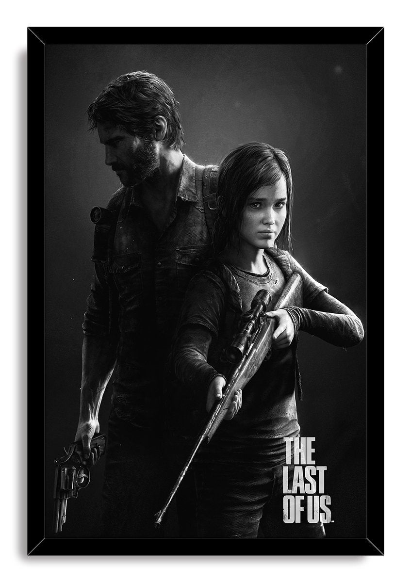 The Last of Us framed wall art print portraying Joel with a revolver and Ellie aiming a scoped rifle in grayscale.