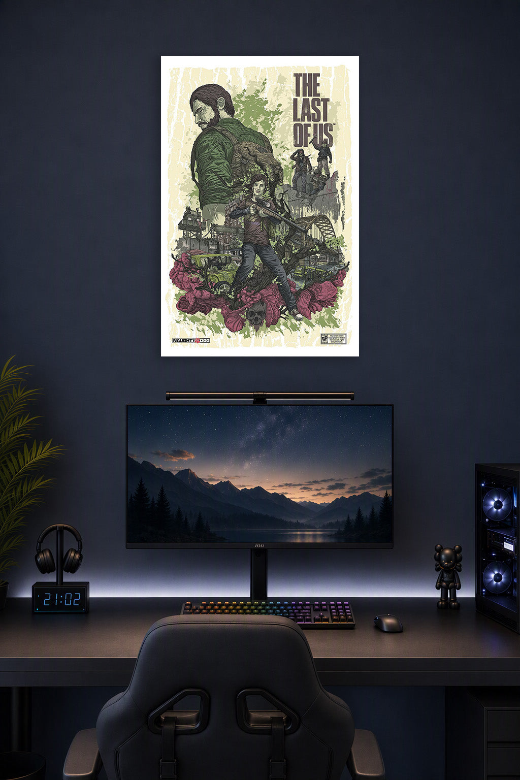 The Last of Us Joel and Ellie in a gaming desk setup above a monitor.