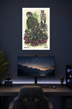 The Last of Us Joel and Ellie in a gaming desk setup above a monitor.