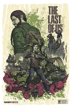 The Last of Us poster features Joel behind Ellie with a rifle amid ruined buildings, abandoned cars, flowers, and title text.