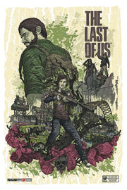 The Last of Us poster features Joel behind Ellie with a rifle amid ruined buildings, abandoned cars, flowers, and title text.
