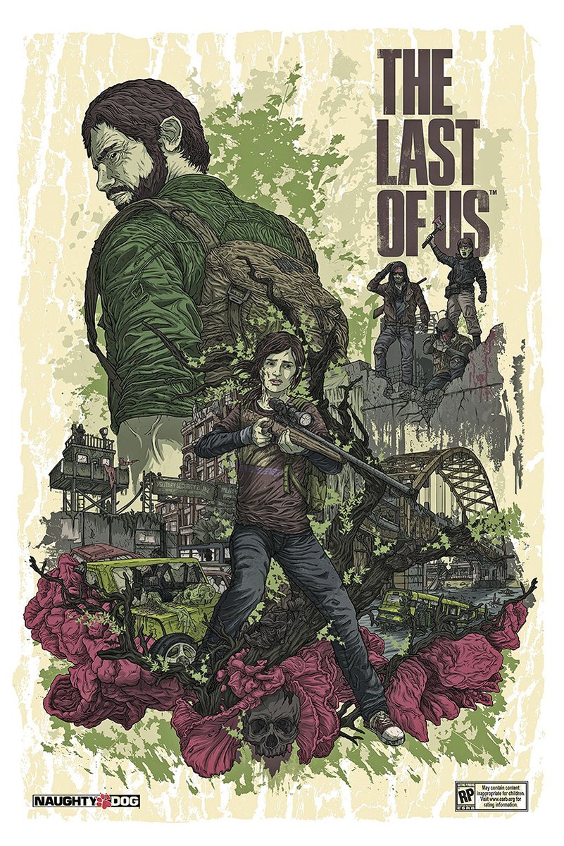 The Last of Us poster features Joel behind Ellie with a rifle amid ruined buildings, abandoned cars, flowers, and title text.