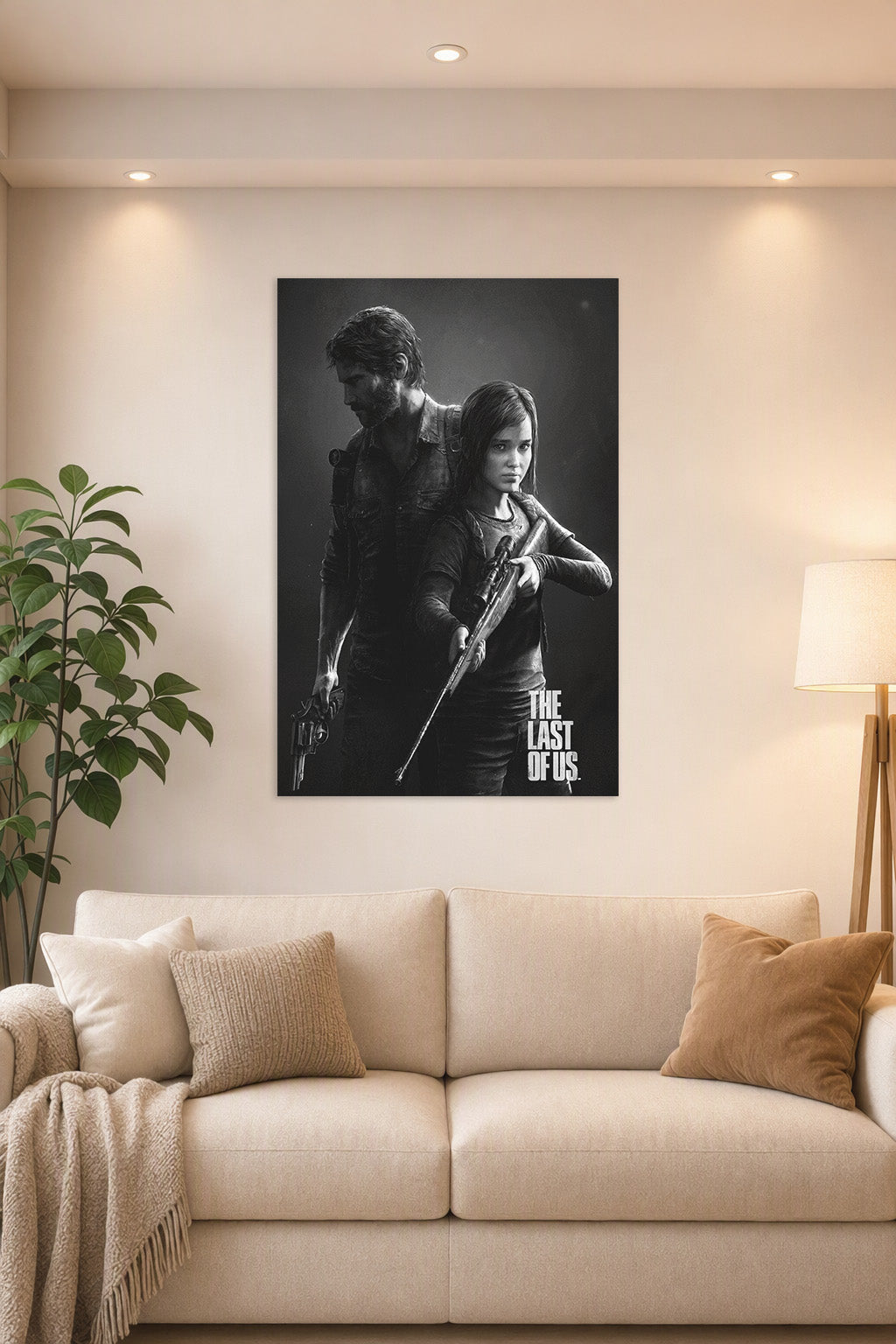 The Last of Us Joel and Ellie in a bright living room above a beige sofa.