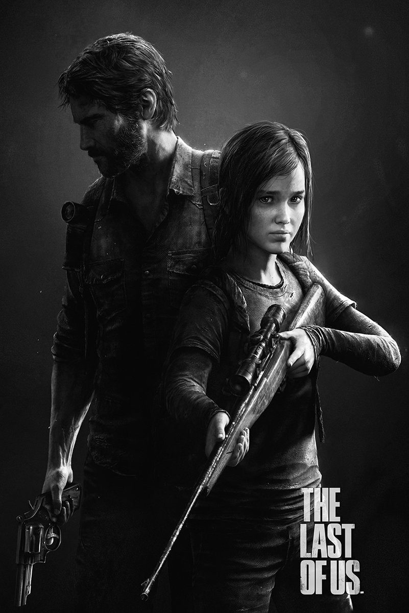 The Last of Us poster featuring Joel with a revolver behind Ellie holding a scoped rifle in monochrome.