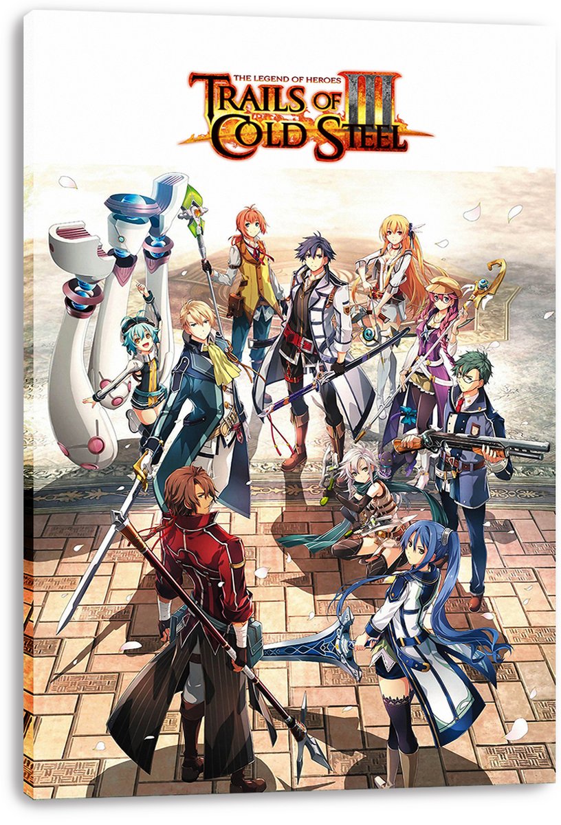 Trails of Cold Steel III canvas wall art print featuring anime heroes on a tiled floor beneath the game logo.