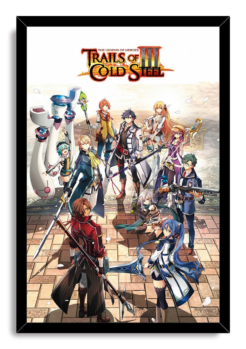 Trails of Cold Steel III framed wall art print with an anime character group, weapons, floating petals, and game logo.