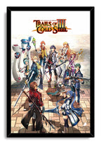 Trails of Cold Steel III framed wall art print with an anime character group, weapons, floating petals, and game logo.