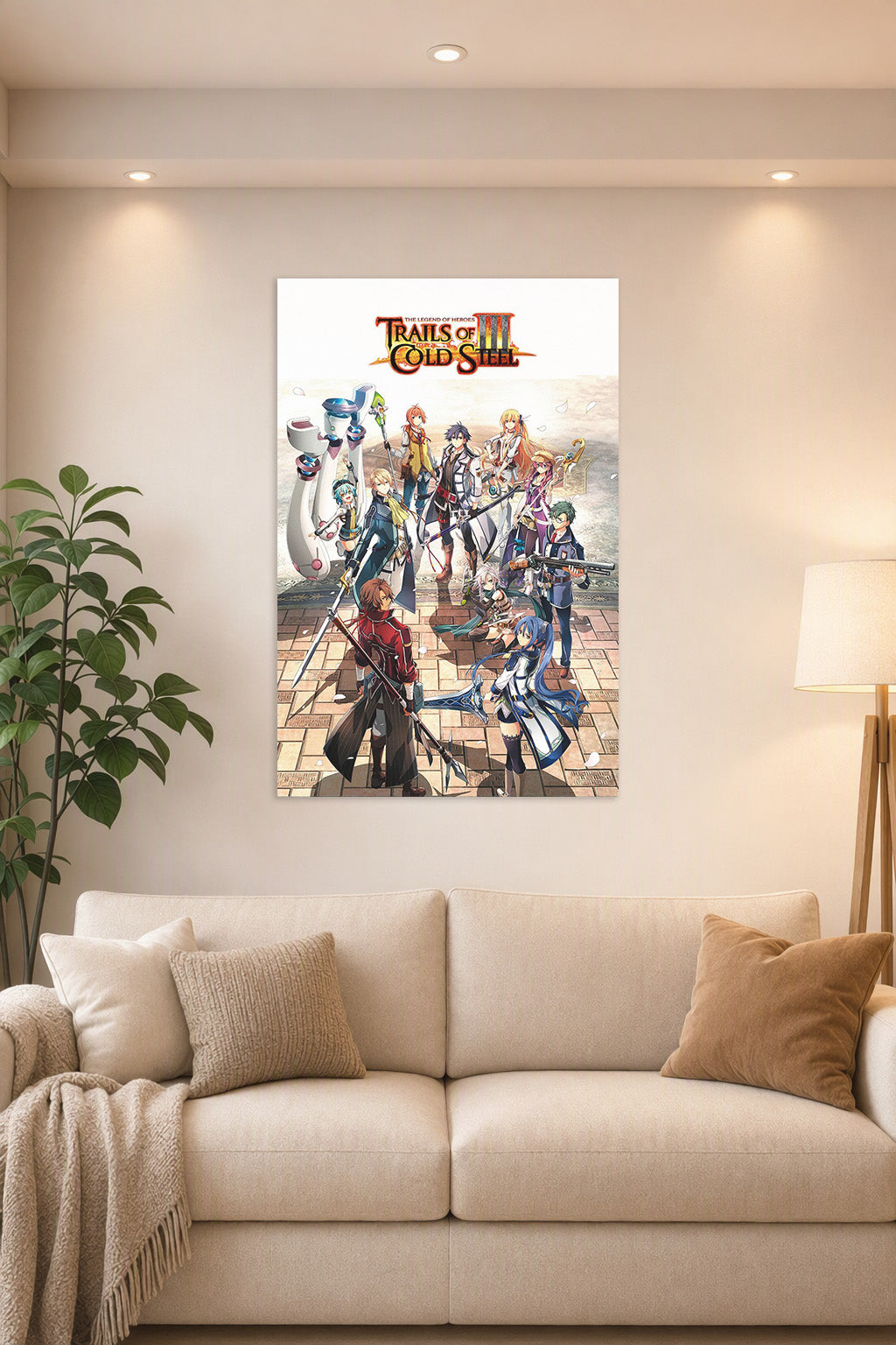 The Legend of Heroes: Trails of Cold Steel III Characters in a bright living room above a beige sofa.