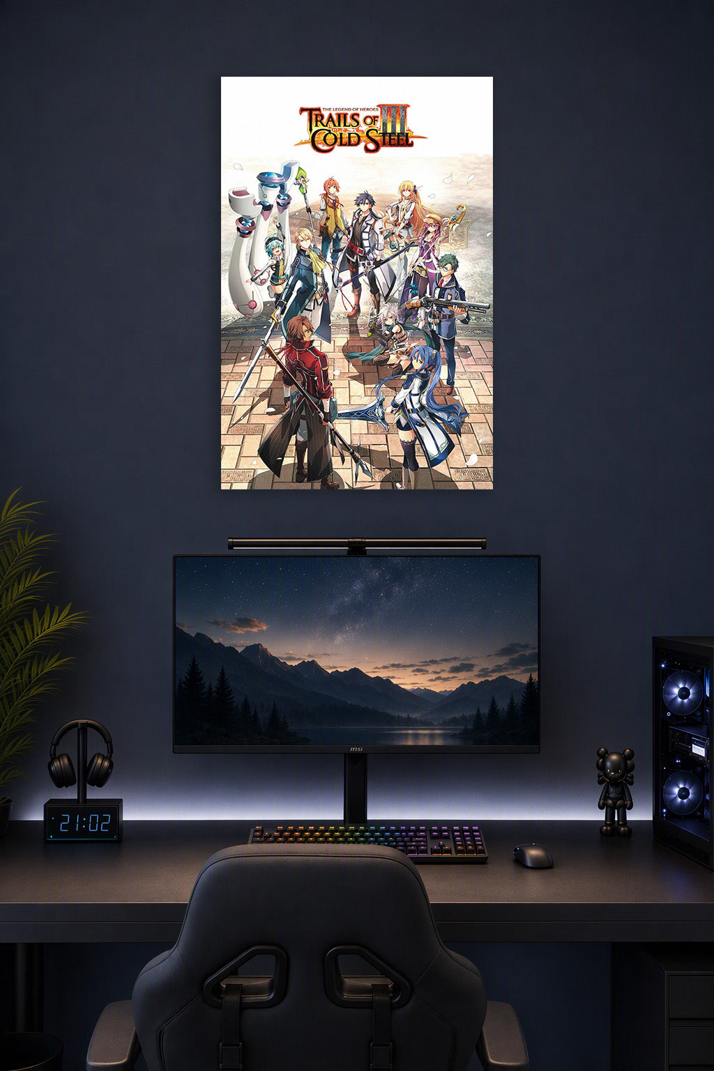 The Legend of Heroes: Trails of Cold Steel III Characters in a gaming desk setup above a monitor.