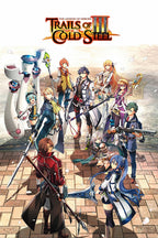 Trails of Cold Steel III poster featuring a colorful anime hero ensemble with swords, staffs, rifle, and a white robot.
