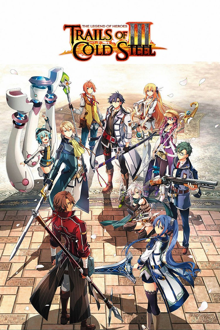 Trails of Cold Steel III poster featuring a colorful anime hero ensemble with swords, staffs, rifle, and a white robot.