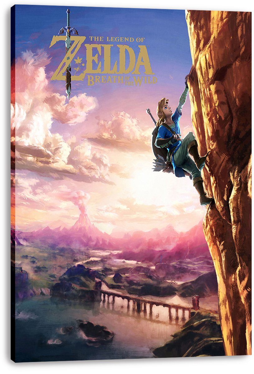 The Legend of Zelda Breath of the Wild canvas wall art print with Link scaling a cliff over Hyrule’s river valley beneath pastel clouds.