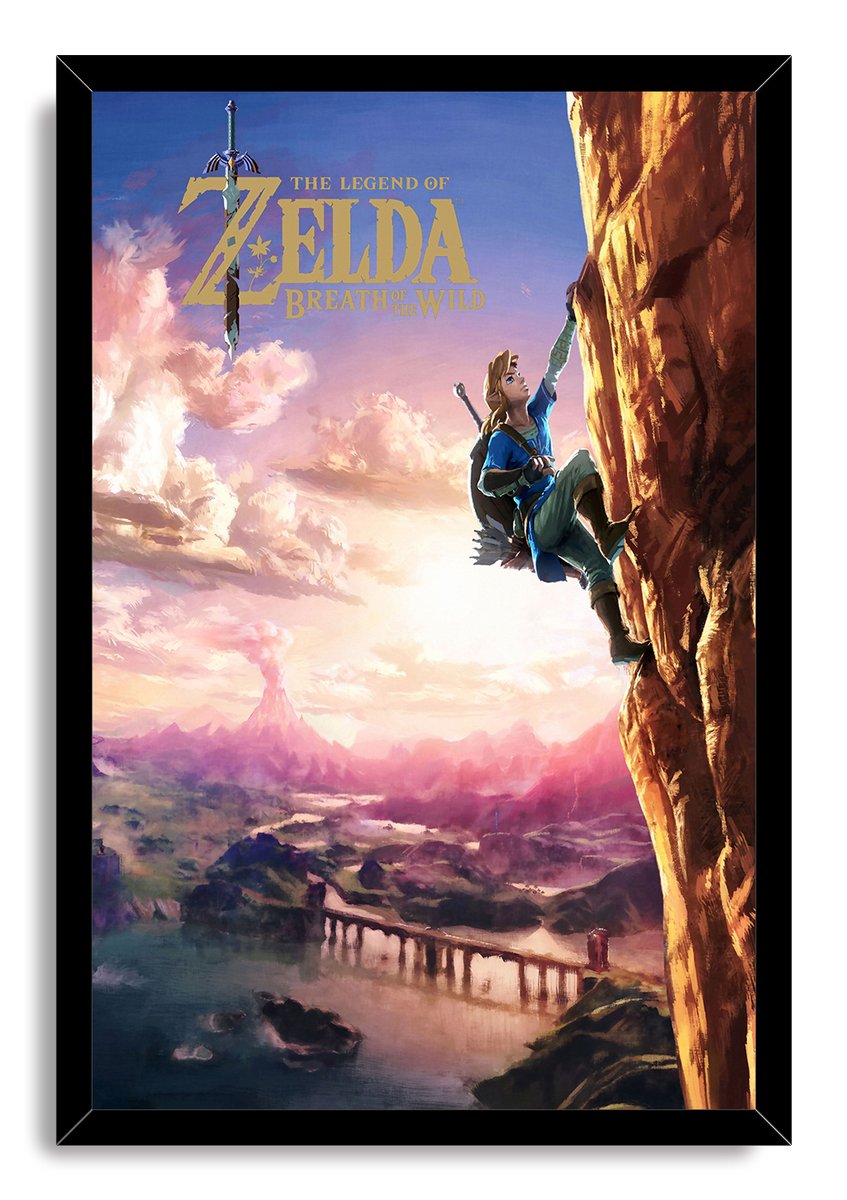 The Legend of Zelda Breath of the Wild framed wall art print portraying Link climbing a golden rock face above a lake and distant volcano.