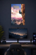 The Legend of Zelda Breath of the Wild Link Climbing in a gaming desk setup above a monitor.