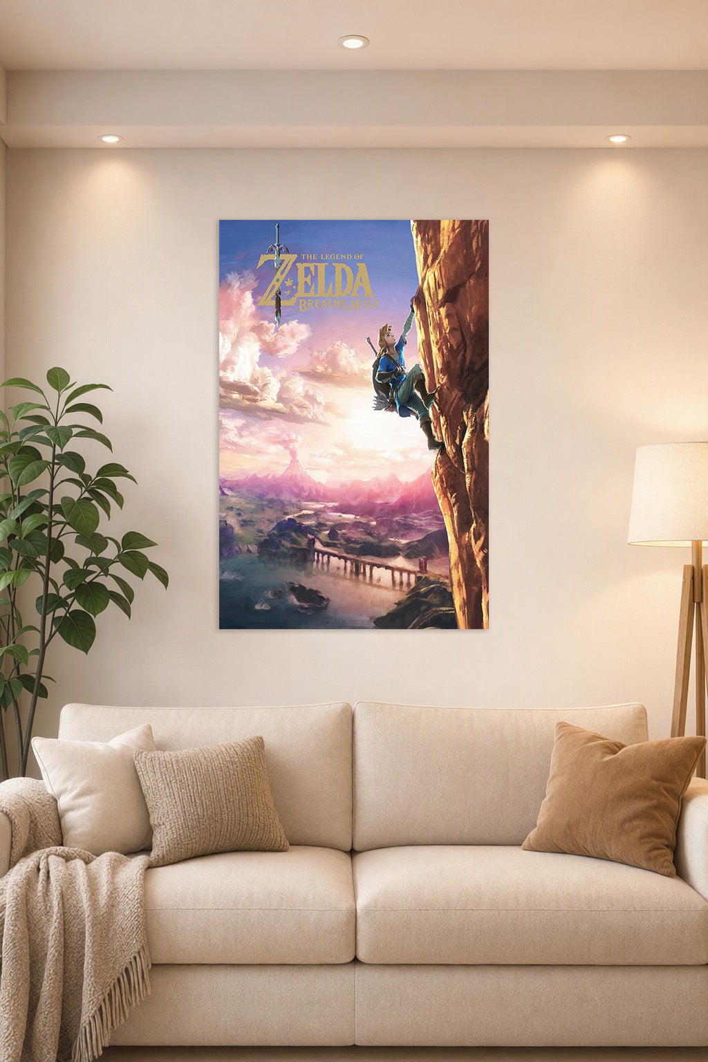 The Legend of Zelda Breath of the Wild Link Climbing in a bright living room above a beige sofa.