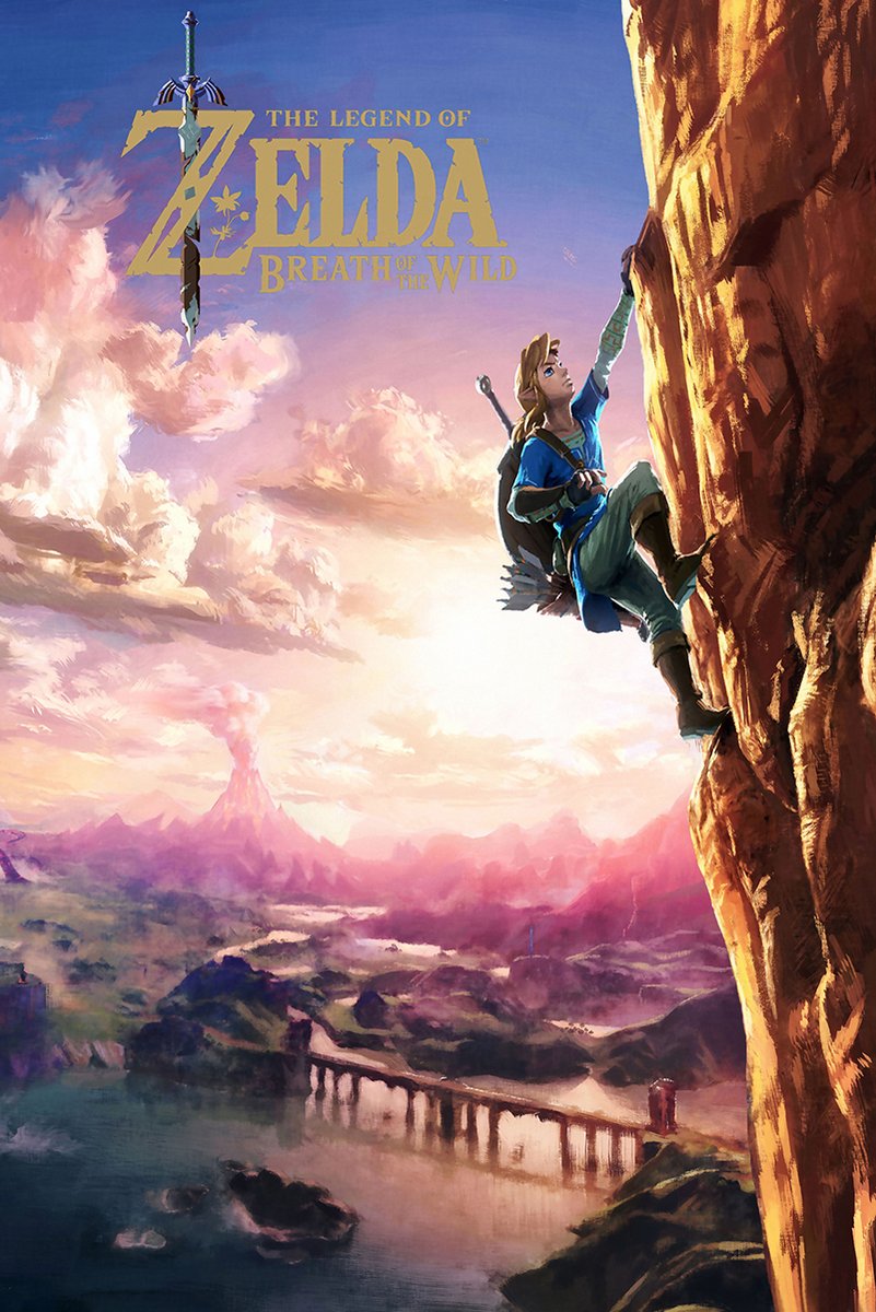 The Legend of Zelda Breath of the Wild poster featuring Link climbing a sunlit cliff above a lake, bridge, and pink mountain valley.