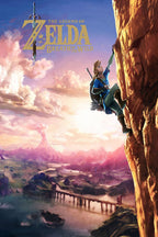 The Legend of Zelda Breath of the Wild poster featuring Link climbing a sunlit cliff above a lake, bridge, and pink mountain valley.