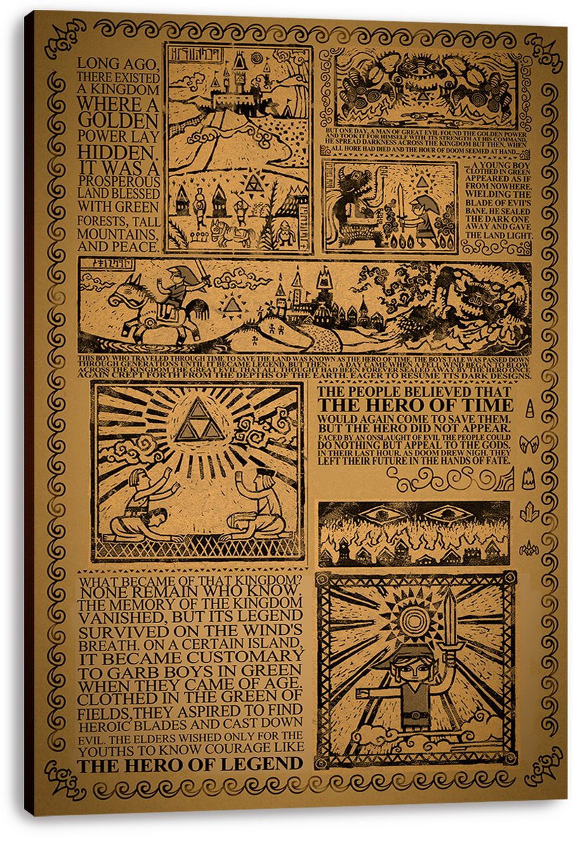 Legend of Zelda lore canvas wall art print displaying sepia story panels of a castle, Triforce, mounted hero, and sword bearer.