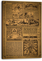 Legend of Zelda lore canvas wall art print displaying sepia story panels of a castle, Triforce, mounted hero, and sword bearer.