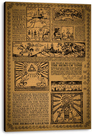 Legend of Zelda lore canvas wall art print displaying sepia story panels of a castle, Triforce, mounted hero, and sword bearer.