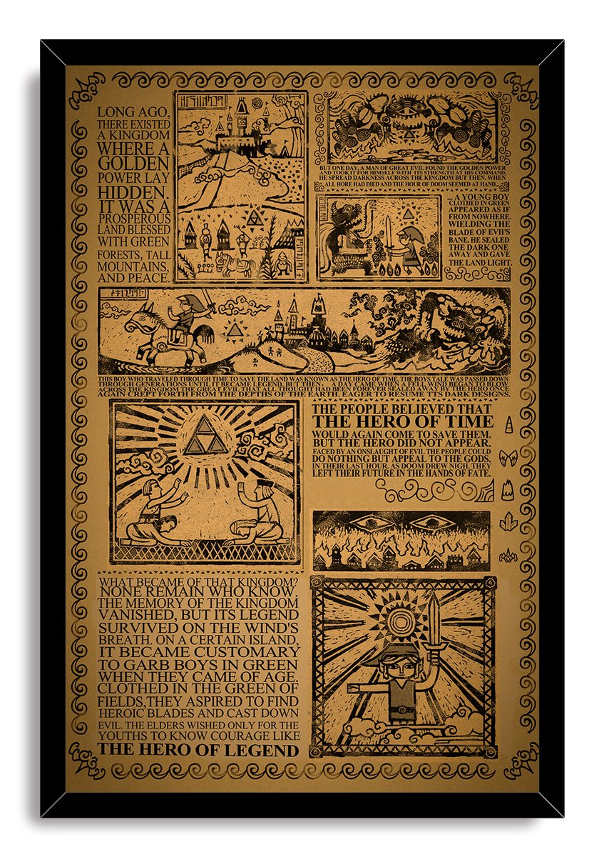 Framed Legend of Zelda lore wall art print with black border, sepia woodcut panels, Triforce symbols, hero, and kingdom scenes.