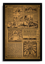 Framed Legend of Zelda lore wall art print with black border, sepia woodcut panels, Triforce symbols, hero, and kingdom scenes.