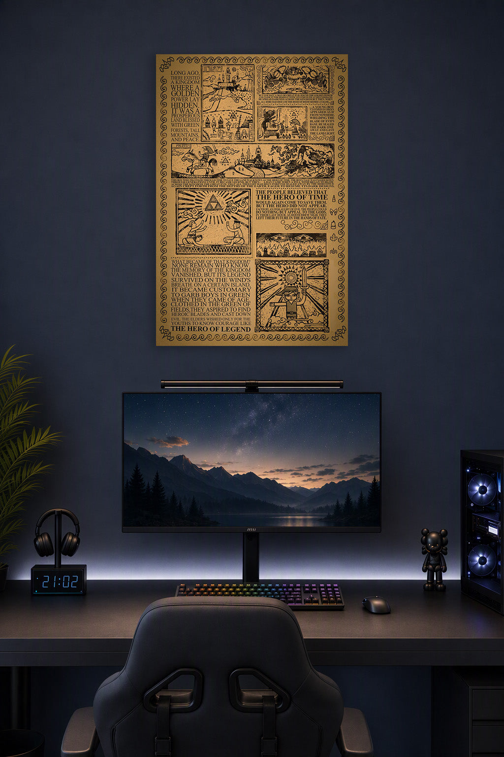 The Legend of Zelda Lore in a gaming desk setup above a monitor.