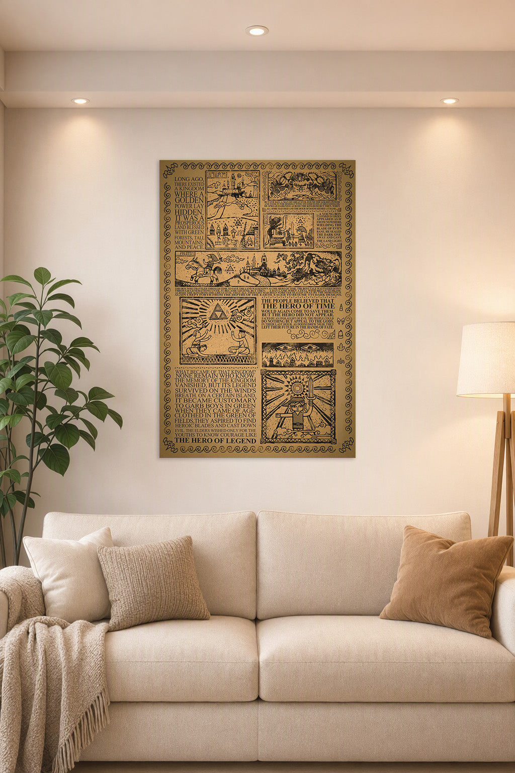 The Legend of Zelda Lore in a bright living room above a beige sofa.