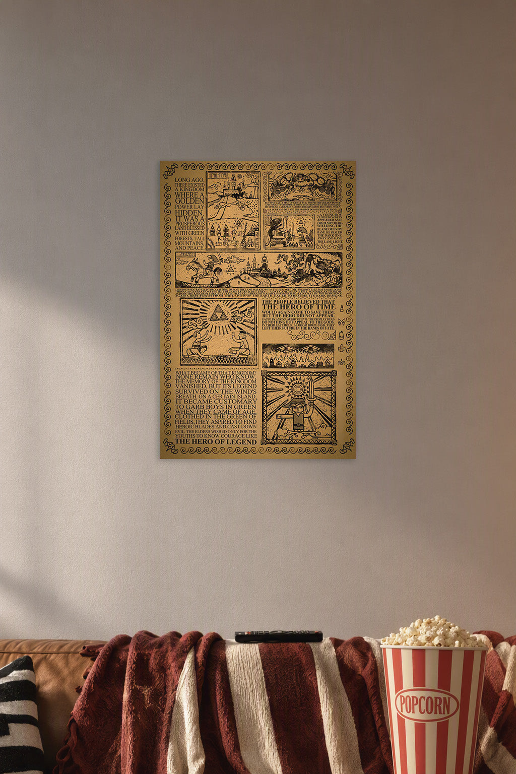 The Legend of Zelda Lore in a cozy movie room above a brown sofa with popcorn.