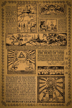 Legend of Zelda lore wall art print in sepia woodcut style, with Triforce panels, castle, hero, and ornate text border.