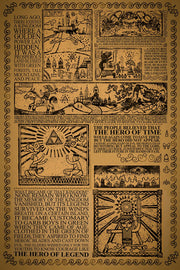 Legend of Zelda lore wall art print in sepia woodcut style, with Triforce panels, castle, hero, and ornate text border.