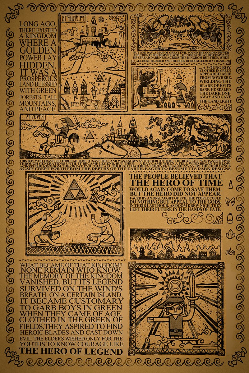 Legend of Zelda lore wall art print in sepia woodcut style, with Triforce panels, castle, hero, and ornate text border.