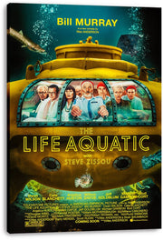 The Life Aquatic canvas wall art print displays Steve Zissou's crew through a yellow submarine window underwater.