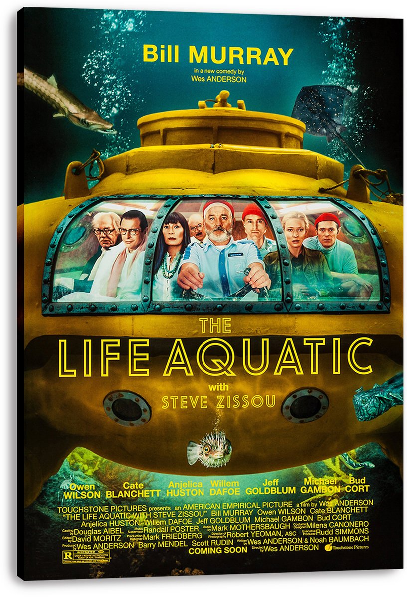 The Life Aquatic canvas wall art print displays Steve Zissou's crew through a yellow submarine window underwater.