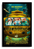 The Life Aquatic framed wall art print portrays Steve Zissou and his crew inside a yellow submarine amid sea life.